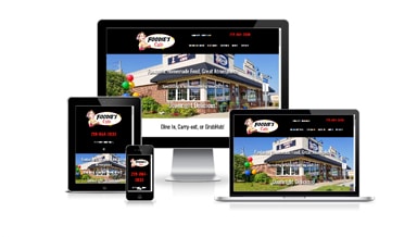 Foodies website on desktop, laptop, iPad and iPhone screens